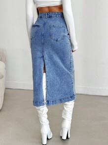 RueChic Mid Waist Back&Front Slit Denim Skirt