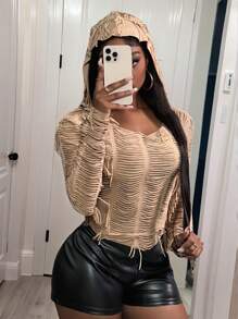 Slaydiva Happy New Year New Retro Casual Street Hooded Long-Sleeved Back Hollow Collar Round Neck Arc Hem Fit Khaki Distressed Style Fabric Women's T-Shirt-I - Khaki - View 3