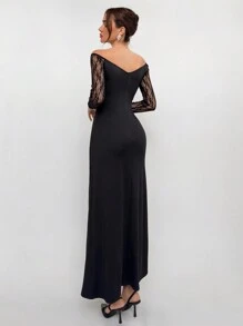 Aloruh Ladies Autumn And Winter New Pure Black Retro Sexy Romantic Lace Splicing Deep V Neck Hollow Super Long A-Line Elegant Party Dress, Valentine's Day, Ladies Dress, Elegant Dress, Valentine's Day, Ladies Birthday Dress, Ladies Black Dress