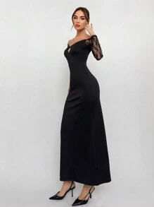 Aloruh Ladies Autumn And Winter New Pure Black Retro Sexy Romantic Lace Splicing Deep V Neck Hollow Super Long A-Line Elegant Party Dress, Valentine's Day, Ladies Dress, Elegant Dress, Valentine's Day, Ladies Birthday Dress, Ladies Black Dress