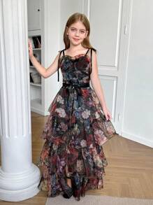 SHEIN Leap Crew Tween Girls Elegant Full Black Floral Print Gorgeous 2in1 Dress With Detachable Multiple Dresss - Palace Style, Birthday Dress, Party Dress - Black - View 10