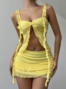 Aloruh Set de 2 piezas con top tipo camiseta y falda en unicolor para mujer