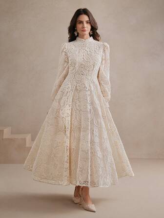 Anewsta Damska jesienna sukienka z kołnierzykiem typu stójka, rękawami typu latarnia, ściągaczem w pasie, przezroczystą siateczką, haftem kwiatowym, idealna na Święto Dziękczynienia i stroje o tematyce bożonarodzeniowej