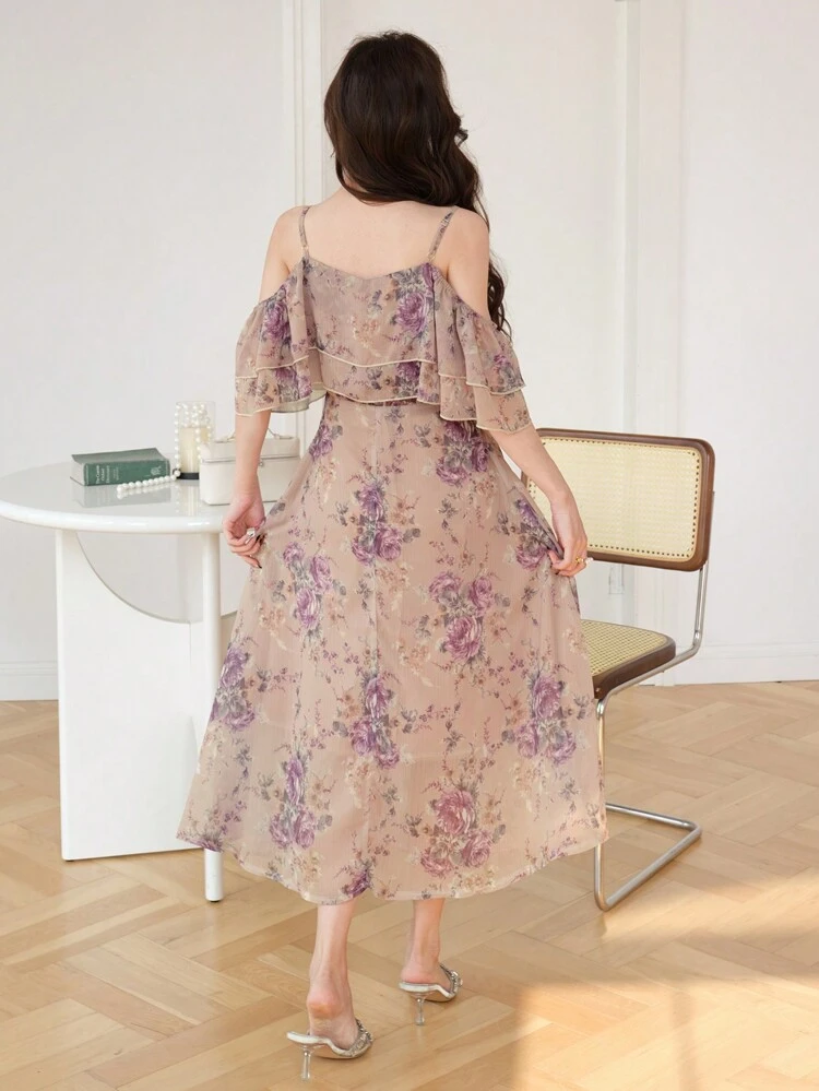 Floral Print Tie-Up Ruffle Hem Cami Midi Dress For Women Sundress Boho