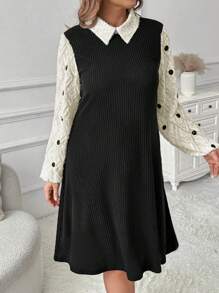 SHEIN Clasi Plus Size Women Valentine's Day Dress, Spring Clothes Contrast Color Cutout Sleeve Dot Print Collared Dress - Multicolor - View 6