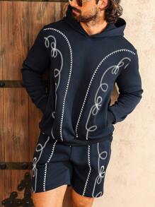 Manfinity Homme Men's Rodeo Outfit Pattern Long Sleeve Hoodie And Shorts Casual Sweatsuit Set, Autumn/Winter - Black - View 7