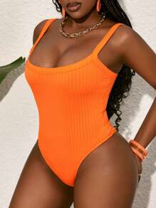 Slaydiva Simple Casual Versatile Orange Solid Striped Textured Wide Strap Square Neck Bodysuit