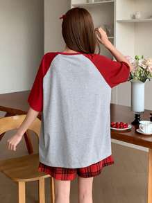 DAZY 2pcs Cartoon Print Raglan Sleeve T-Shirt & Plaid Shorts Pajama Set For Women - Grey - View 2
