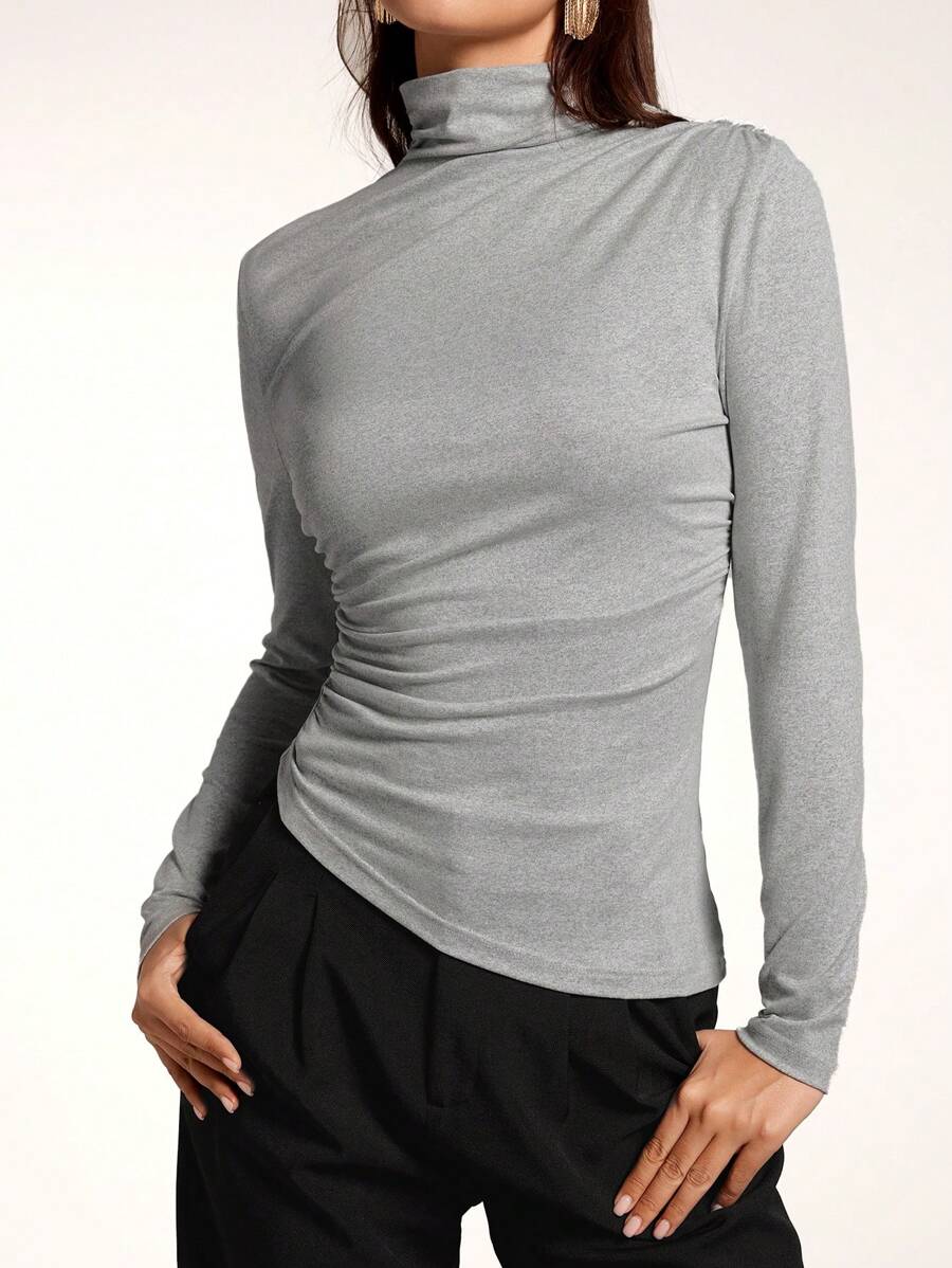 Modelyn Women Casual Everyday Versatile Solid Color High Neck Asymmetrical Hem Ruched Fitted Long Sleeve T-Shirt, Autumn Style - Dark Grey - View 1