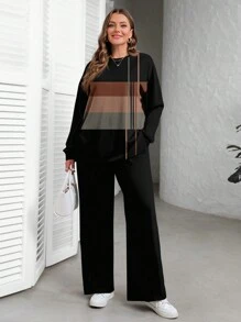 EMERY ROSE Striped Print Casual Minimalist Plus Size Sweatshirt Set, Suitable For Spring And Autumn - Multicolor - View 6