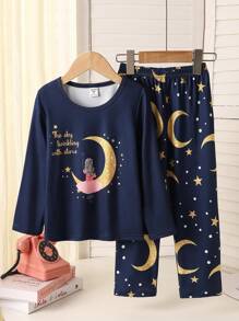 SHEIN Young Girl Cute Girl Sitting On The Moon Print Pattern Blue Long Sleeve Pajama Set, Cozy Home Outfit - Royal Blue - View 1