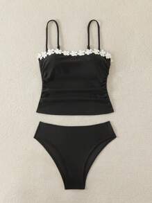 Swim Chiccia Spring Break New Fashion Elegant Black Tankini Top Tank With Ruffled Straps, 2pcs Women Fresh Swimwear Set