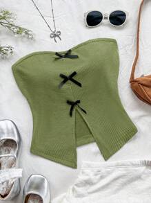 Soleia Women's Vacation Knit Tube Top, Fashionable Fitted Blouse With Elegant Bow Decor, Front Slit Design, Suitable For Party, Afternoon Tea, Layering In Autumn/Winter - Green - View 4