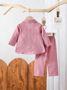2pcs/Set Baby Girls' Pink Solid Color Casual Comfortable Loose Fit Pants And Long Sleeve Homewear Set