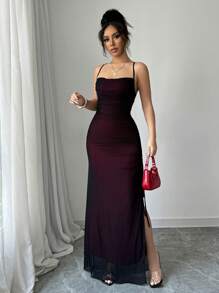 Rafferiza Vestido Vintage Sexy de Decote em V com Fenda, Cordão e Tela