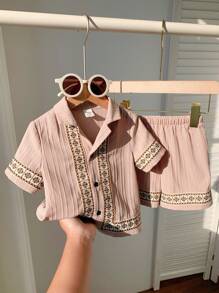 SHEIN Leap Crew 2pcs/Set Baby Boys Casual Cute Drawstring Waist Shirt And Shorts Set, Suitable For Spring & Summer Wear - Khaki - View 8