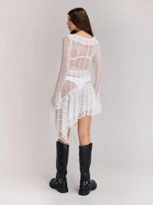 SHEIN Unity Conjunto de 2 peças: blusa e saia casual com babados e renda transparente - Branco - Ver 2