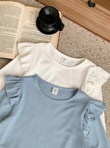 SHEIN Young Girls' French Elegant Knit Form-Fitting Crew Neck Ruffle Sleeve T-Shirt Set, Spring/Summer - Multicolor - View 3