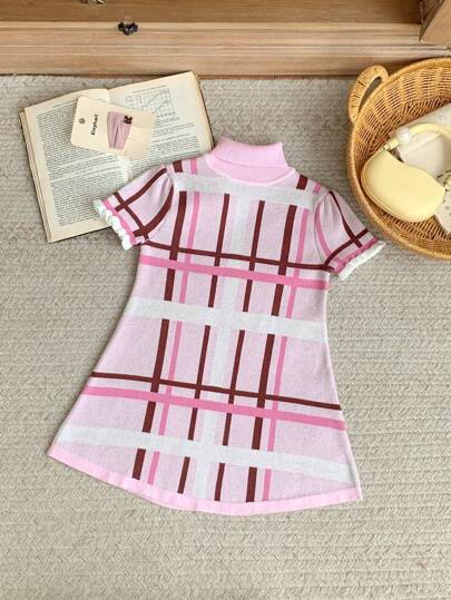 PrepCrw Young Girls' Colorful Stand Collar Knitted Sweater Dress, Autumn/Winter