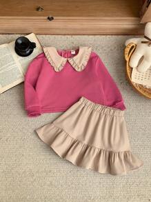 Blossori Conjunto de 2 piezas de sudadera suelta de estilo francés rosa elegante y falda plisada beige para niñas, para primavera/verano