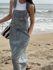 DAZY 女式宽肩带纽扣口袋休闲牛仔连衣裙 - 藍色 - 查看 3