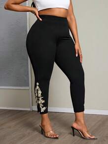 SHEIN PETITE CURVE 大码刺绣高腰简约修身休闲裤，日常穿着