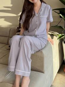 SHEIN 青少年女孩都市简约领口纽扣式短袖上衣和裤子休闲居家睡衣 2 件套 - 淡紫色 - 查看 6