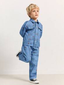 SHEIN Young Boys' Blue Denim Effect Twill Windbreaker Jacket - Blue - View 3