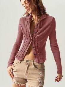 Bohemela Top ajustado de manga larga y apertura frontal de punto de unicolor para mujeres