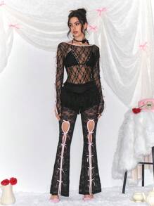ROMWE J-Fashion 女士性感蕾丝透视蝴蝶结装饰喇叭裤 - 黑色 - 查看 2