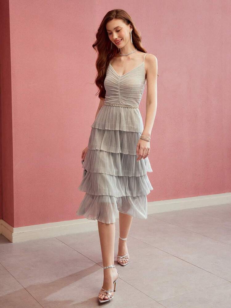 RUCHED RUFFLE TRIM CAMI DRESS