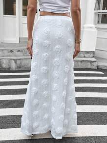 SHEIN Essnce Women's Solid Color Elastic Waist 3D Floral Decor Elegant Skirt - White - View 4