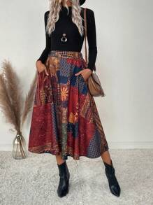 EMERY ROSE Patchwork High Waist Skirt - Multicolor - View 4