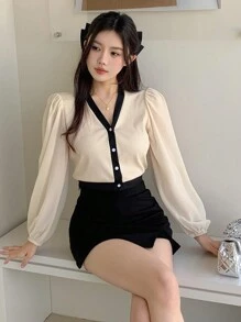 DAZY 女式 V 领撞色休闲长袖衬衫，简约时尚，适合日常穿着，秋季女装