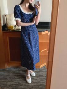 DAZY 女士圆领蕾丝拼接波尔卡圆点中长连衣裙夏季太阳裙，休闲女装 - 藍色 - 查看 12