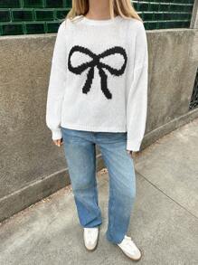 Forever 21 Autumn/Winter New Round Neck Big Bow Color Block Loose Casual Sweater For Girls