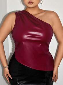 SHEIN X LOS FAVORITOS DE LA FATSHIONISTA SHEIN ICON Plus Size Leather Look Asymmetrical Shoulder Tight Sexy Crop Top