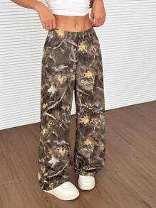 SHEIN EZwear Women's Loose Casual Wide Leg Pants With Branch Print