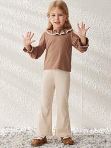 Blossori Young Girls Elegant French Style Coffee Color Ribbed Ruffled Collar T-Shirt, Autumn/Winter - Brown - View 5