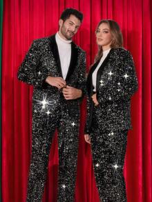 Manfinity AFTRDRK Black Base With Silver Sequin Men Suit Jacket And Pants Set