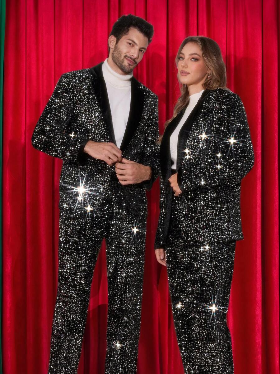 Manfinity AFTRDRK Black Base With Silver Sequin Men Suit Jacket And Pants Set