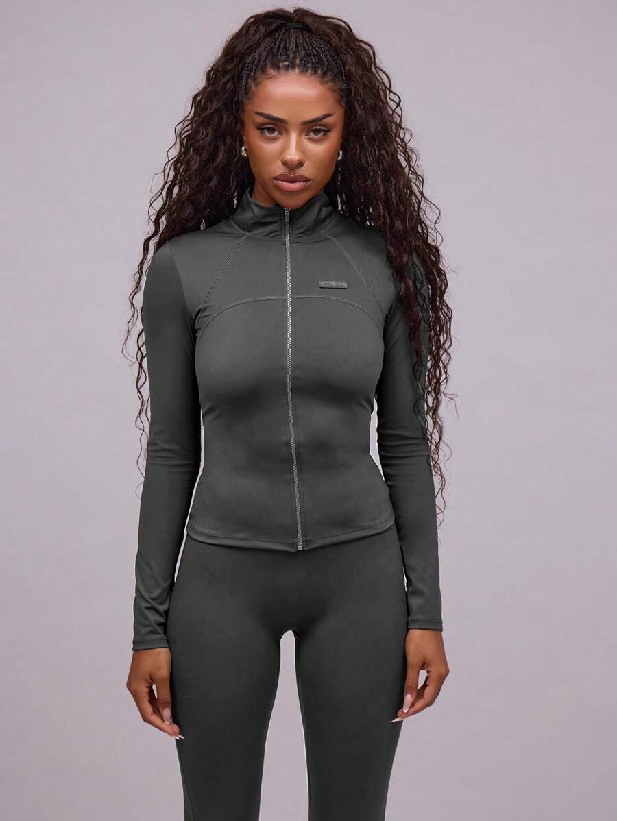 Musera Sport Stand Collar Zip Up Logo Seam Detail Active-Wear Contour Jacket, Padel, Tennis, Pickleball Gym Fitness - Dark Grey - View 1