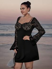 SHEIN VCAY Plus Size Elegant Romantic Lace Patchwork Party Dress, Black Holiday Mini Dress, Versatile Cocktail Dress Valentine's Day Summer Spring Black Dress