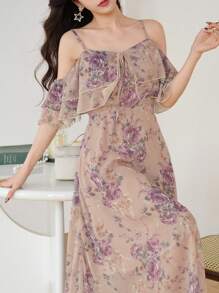 DAZY Floral Print Tie-Up Ruffle Hem Cami Midi Dress For Women Sundress Boho Vacation Outfits Women - Pink - View 8