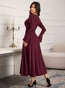 Modelyn Women's Solid Color Crew Neck Long Sleeve Casual Maxi Sweater Dress - Burgundy - View 2