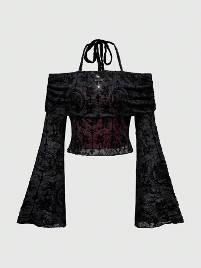 Fairycore Parte superior con escote bardot, halter, moño y aplicación cruzada estilo Y2K retro para mujer