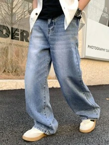 SHEIN Tween Boy Fashion Casual Blue Denim Basic Simple Mix And Match Loose Straight Leg Jeans For Boy Costume Dailywear And The Four Seasonsr Kids Clothes