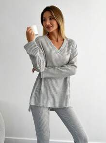 SHEIN Cottnline 2pcs Cotton Button Detail Shirt And Long Bottom Homewear Lounge Set - Light Grey - View 3