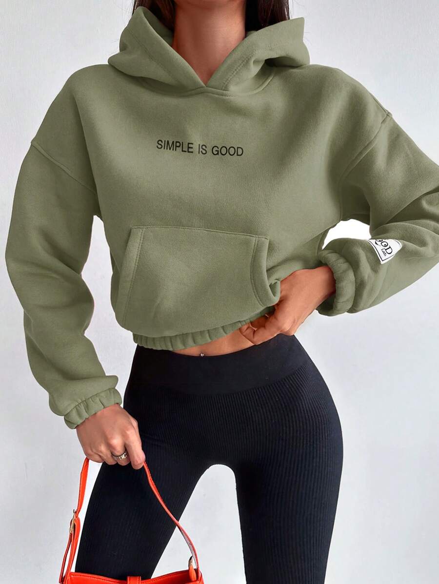 EURMUSE Cotton Women's Short Cropped Hoodie With Slogan Print And Drop Shoulder - Green - View 1