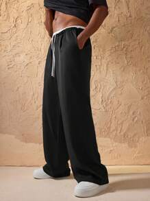 Forever 21 男士拼色休闲日常长裤，口袋自然阔腿长款黑色宽松，休闲日常装 - 黑色 - 查看 7